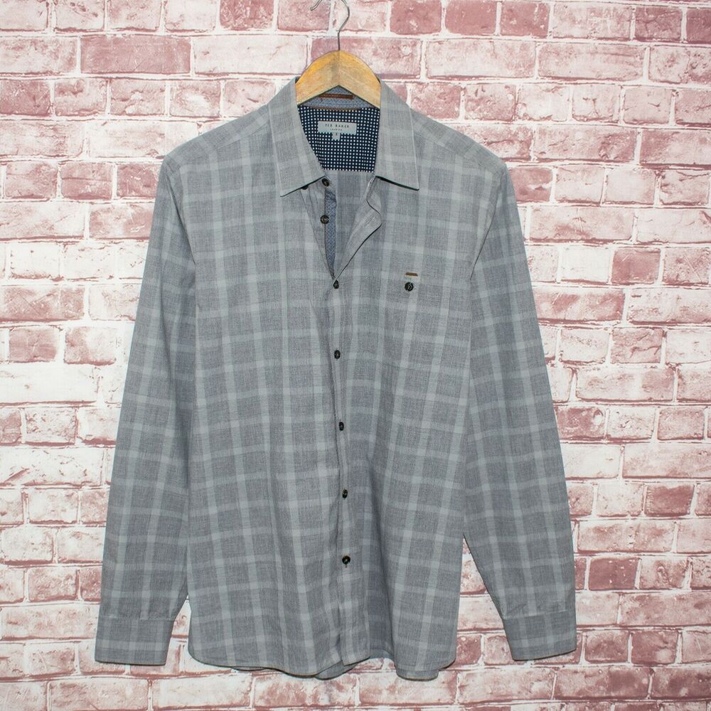 TED BAKER Men's Button Front Shirt Gray Cotton Check Size 5